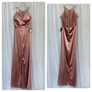 Windsor NWT dusty pink satin with lace high back and zipper floor length gown